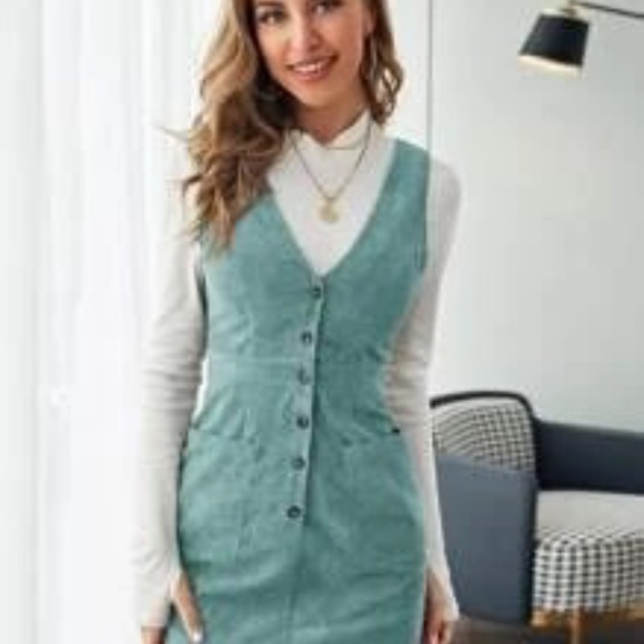 NEW Aqua turquoise curduroy jumper with brown buttons and front pockets - Picture 1 of 5